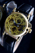 Winner Herren Automatikuhr Mechanisch Skelett Uhr Gold Schwarz Farben Leder0
