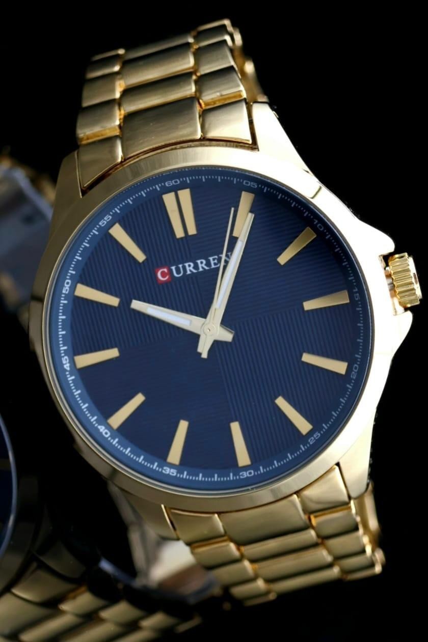 Edle Herren Männer Uhr Armbanduhr Blau Gold Farben Quarz Edelstahl Leuchtzeiger0