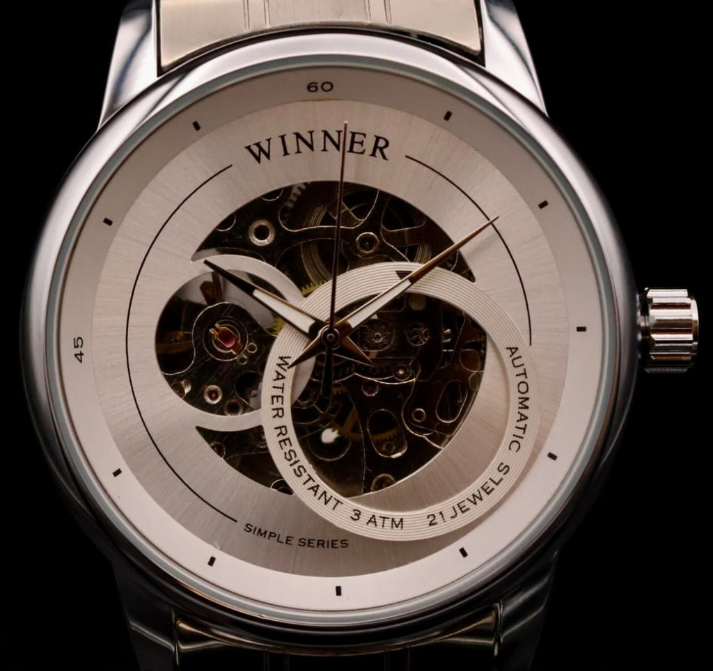 Luxus Winner Herren Armband Uhr Automatikuhr Weiß Silber Farben + offene Unruh0
