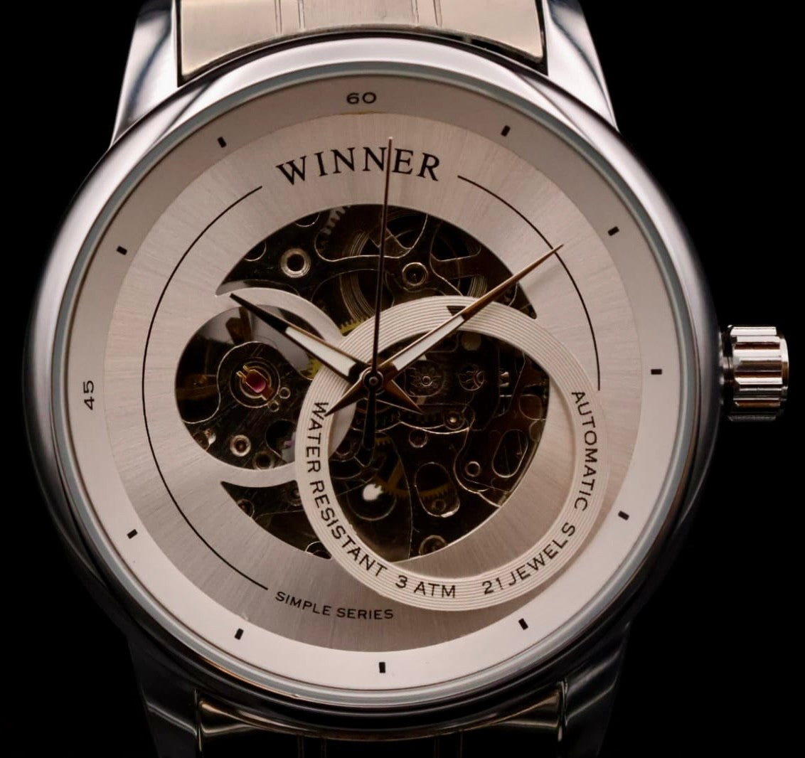 Luxus Winner Herren Armband Uhr Automatikuhr Weiß Silber Farben + offene Unruh0
