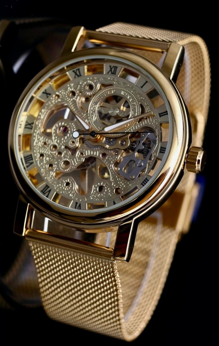 Elegante Herren Männer Automatik Uhr Gold Farben mit goldenem Mesh Band NEU1