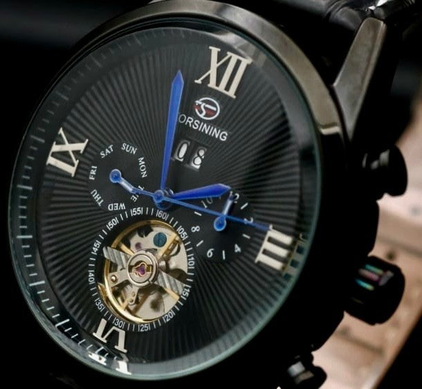 FORSINING Herren Automatik Uhr Herrenuhr Schwarz  mit blauen Zeigern Design TOP1