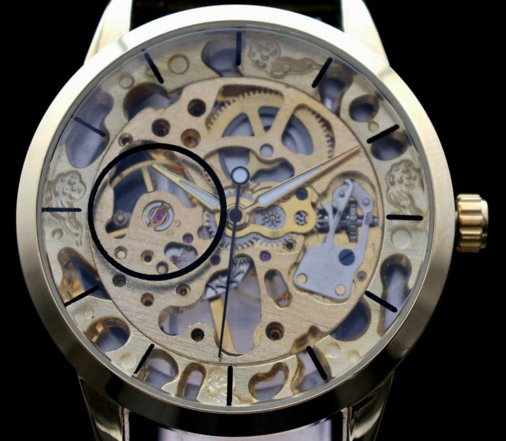 T-WINNER Herren Automatikuhr Gold Schwarz Farben Skelett Uhr Leder Top Design2