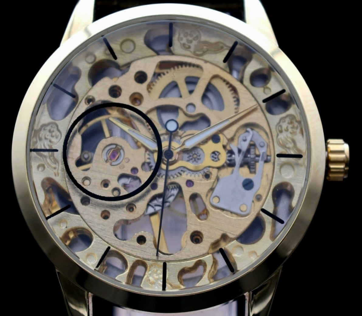 T-WINNER Herren Automatikuhr Gold Schwarz Farben Skelett Uhr Leder Top Design2