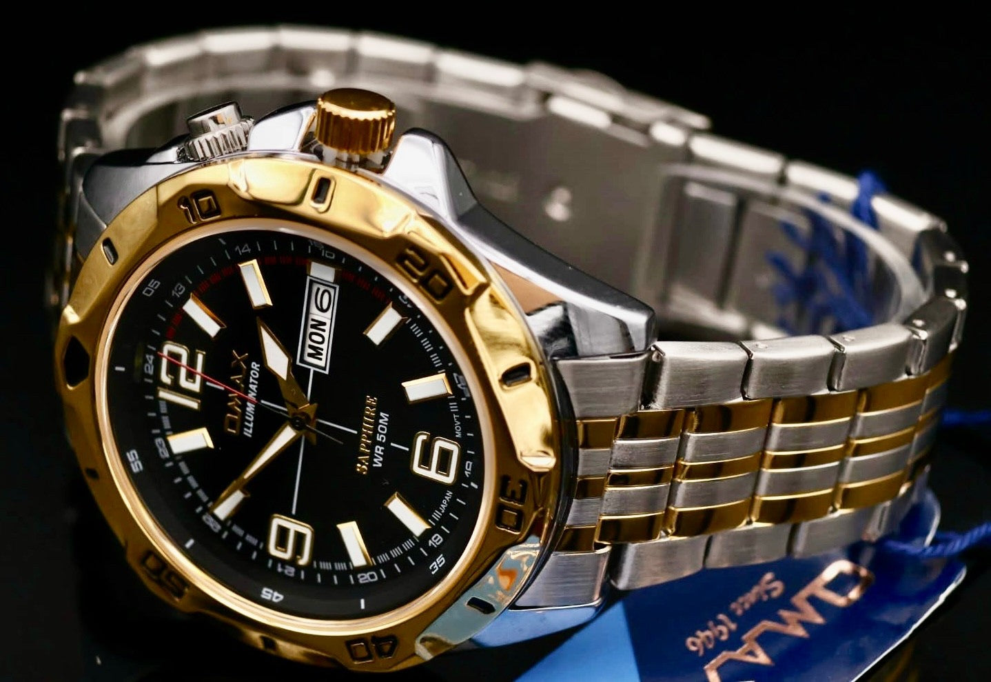 Omax Sapphire ILLUMINATOR   Herren Armband Uhr IP Veredelt Bicolor NEU mit Box2