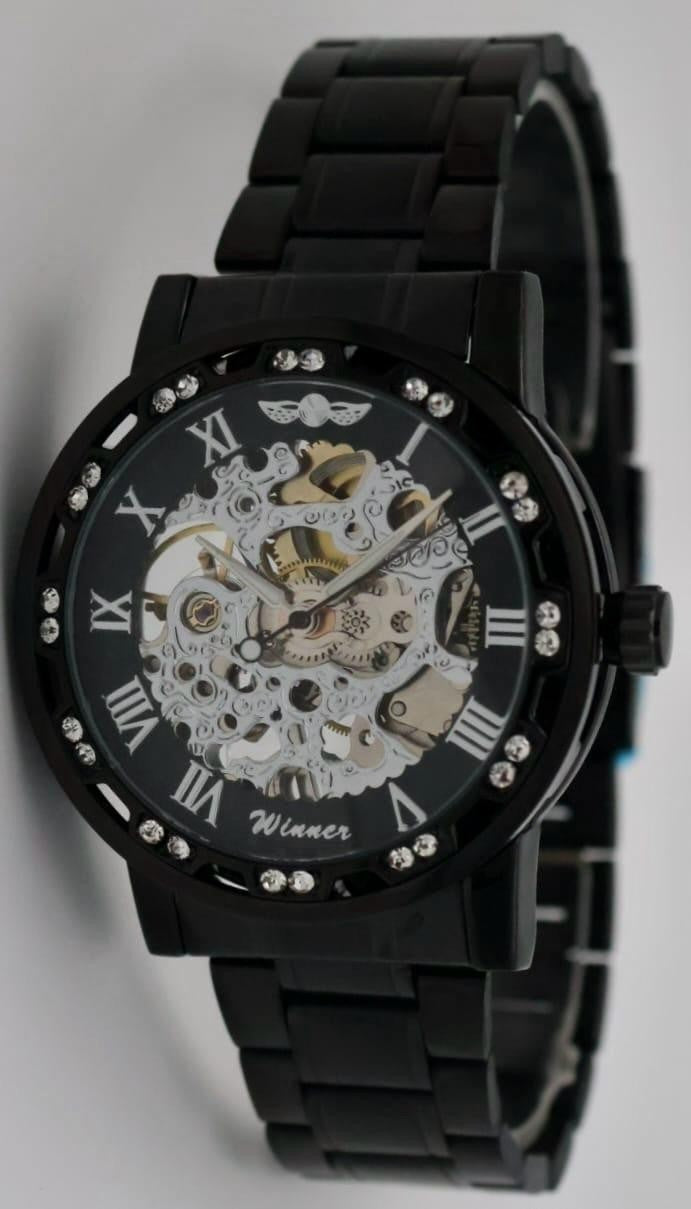 Winner Herren Uhr Mechanisch Handaufzug Skelettuhr Schwarz Keramik Look 40mm Neu0