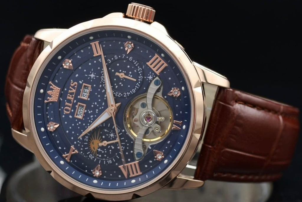 OLEVS Automatik Herren Männer Uhr Blau Rosé Farben Vollkalender mit Lederarmband1