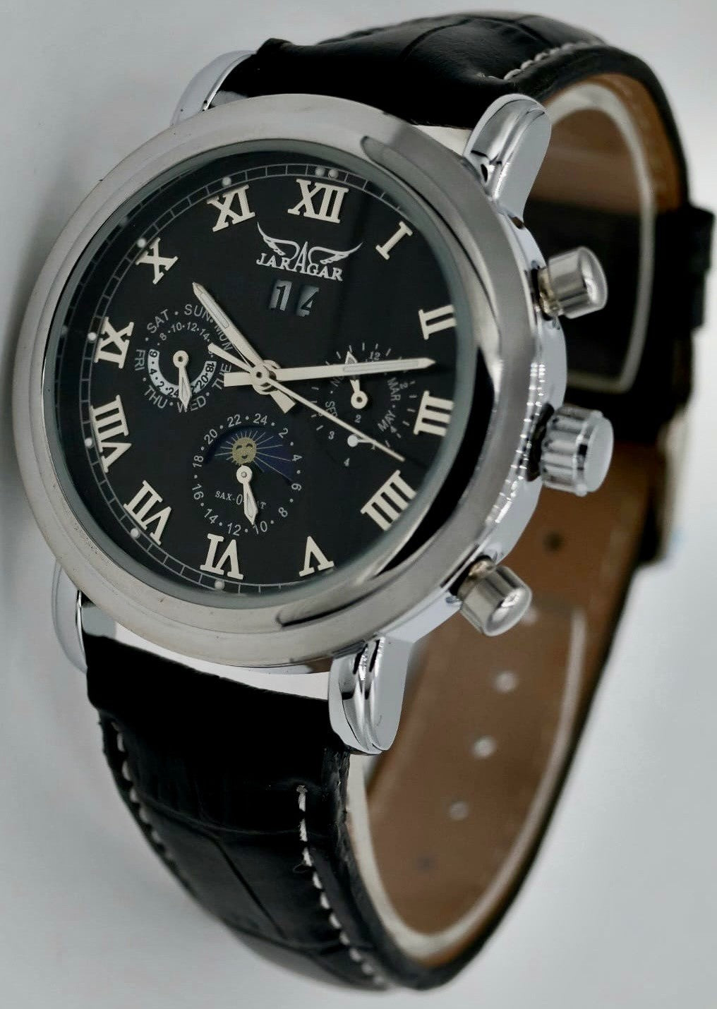 Klassische JARAGAR Herren Männer Armband Uhr Automatikuhr Silber Schwarz Farben1