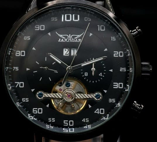 JARAGAR Herren Automatik Uhr Herrenuhr Schwarz Farben mit Lederband Offene Unruh2