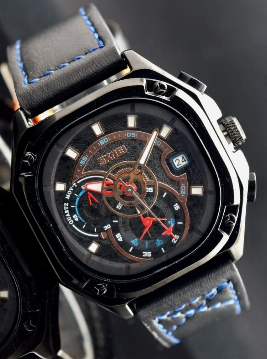 HERRENUHR - CHRONOGRAPH - SPORT - STOPPUHR - DATUM - LEDER -  SCHWARZ - 40MM0