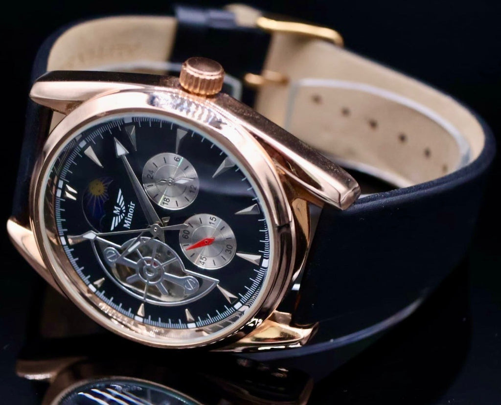 Mega Edle Minoir Cholet Automatikuhr Armbanduhr Herrenuhr offene Unruh Rosé1