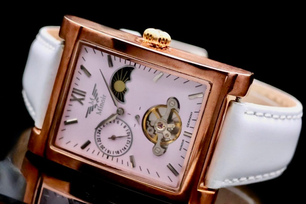 Klassische Damen Frauen Uhr Automatikuhr Armbanduhr Minoir Lederband B-WARE1