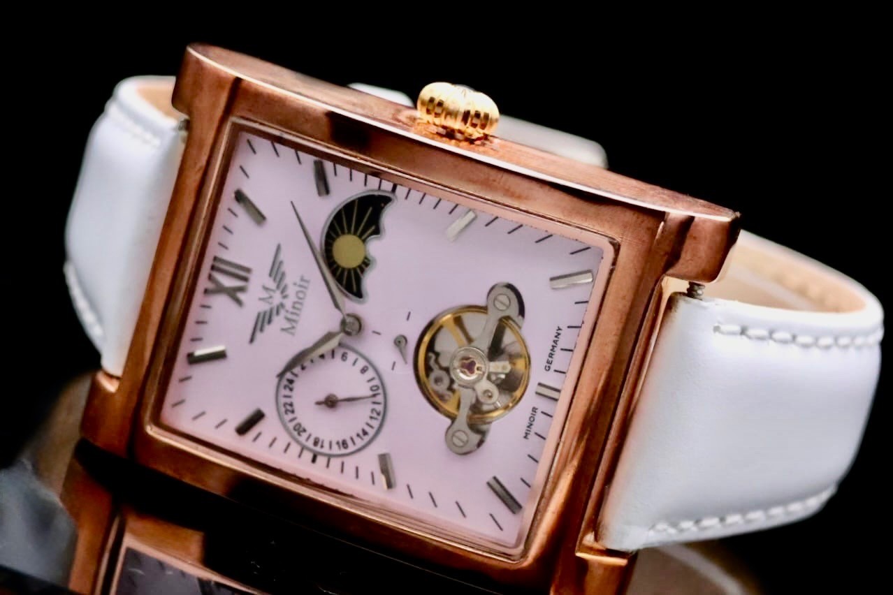 Klassische Damen Frauen Uhr Automatikuhr Armbanduhr Minoir Lederband B-WARE1