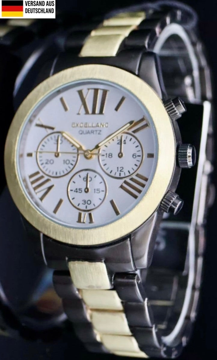 Excellanc Herren Männer Armband Uhr Schwarz Gold Farben Herrennuhr Chrono-Look0