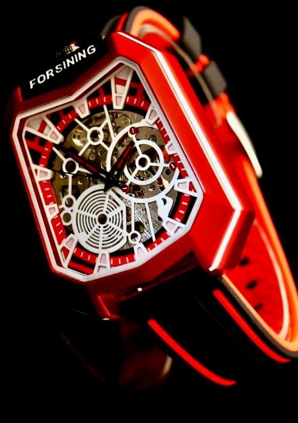 Sportliche Herren Automatik Uhr Herrenuhr in Rot Weiß Farben offenes Uhrwerk1