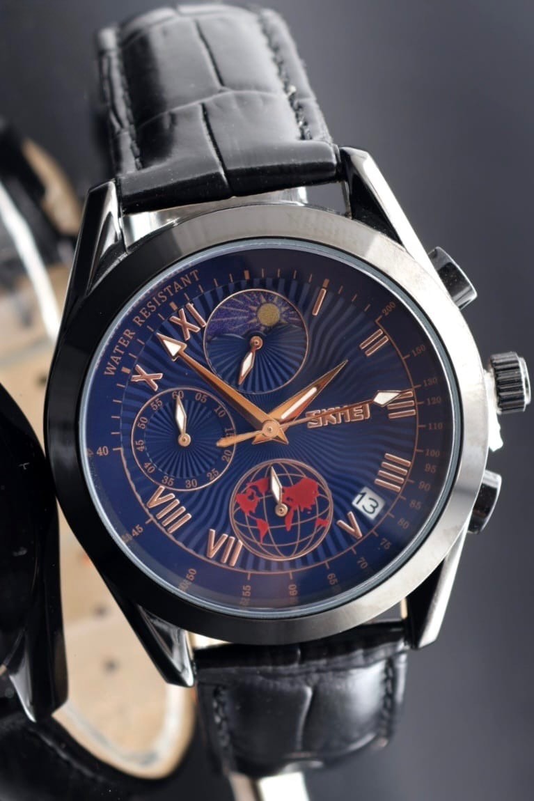 SKM - HERRENUHR - CHRONOGRAPH - DATUM - TAG /NACHT ANZEIGE - LEDER - BLAU - 42MM0