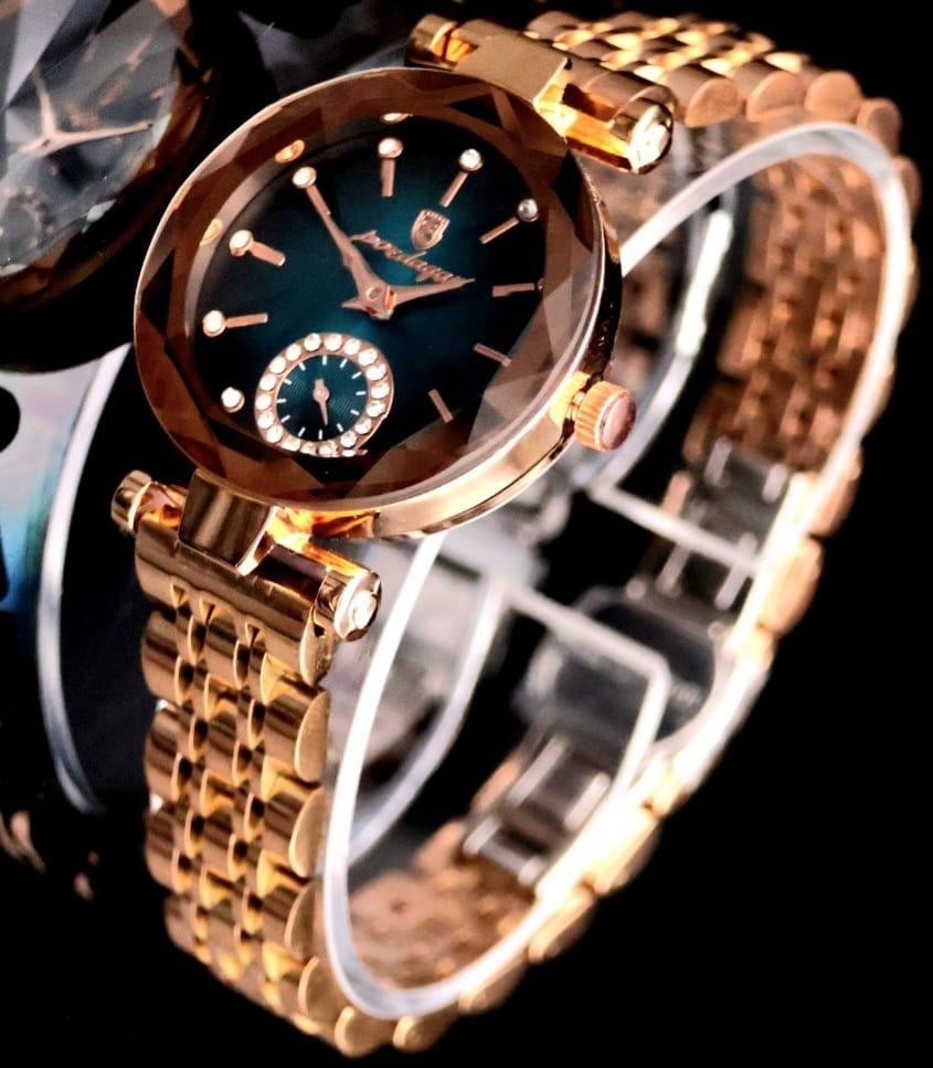 Mega Edle Damen Frauen Uhr Armbanduhr Grün Rosé Farben Chrono Look Strass Besatz0