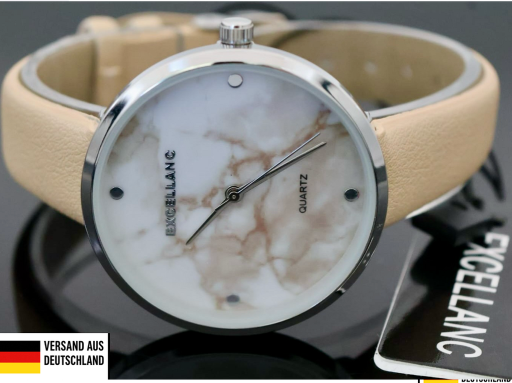 Excellanc Damen  Armband Uhr Weiß Besch Farben Damenuhr Mineralglas Marmor Optik0