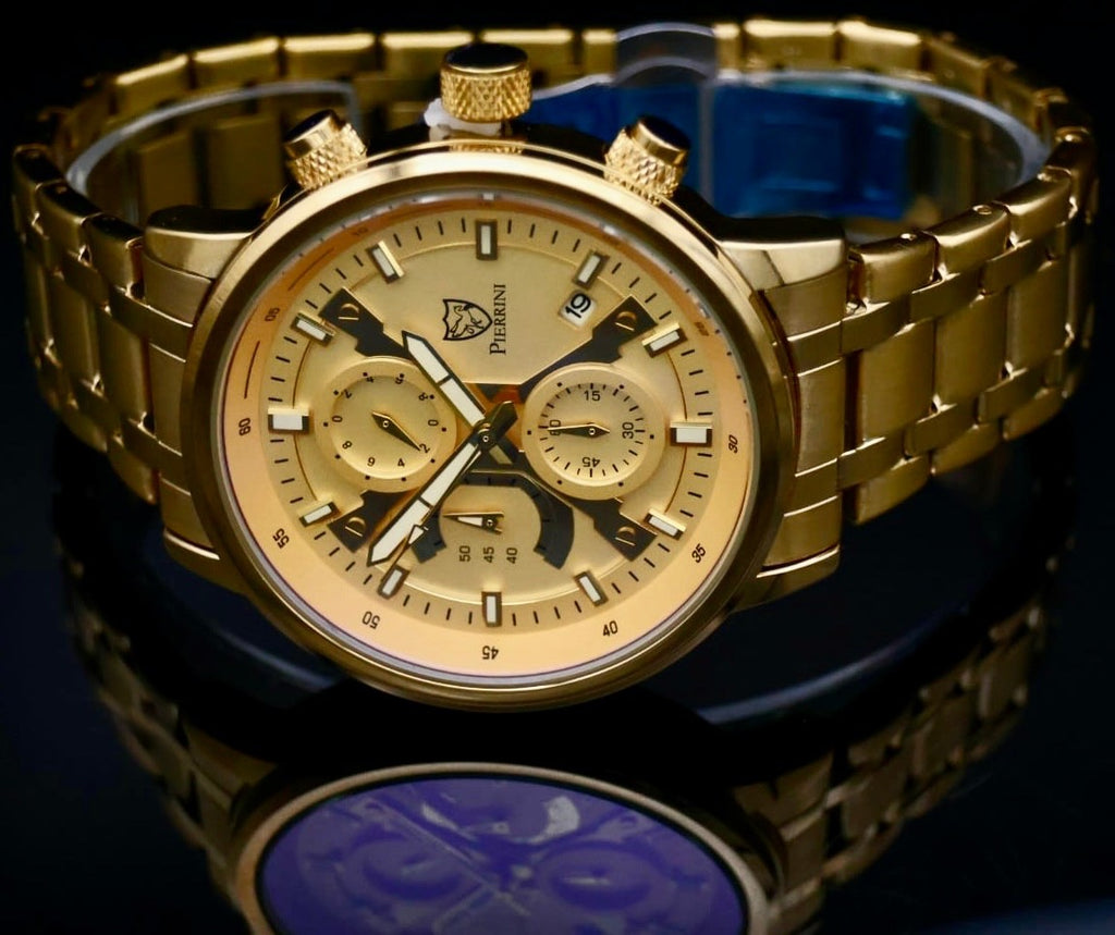 Pierrini Herren Armband Uhr Chronograph Stoppuhr Datum Gold Farben Neu1