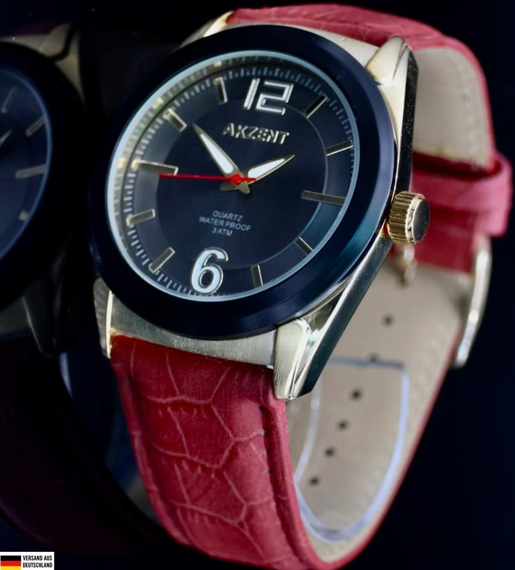 Edle Akzent Herrn Männer Armband Uhr Schwarz Rot Farben Herrenuhr Mineralglas0