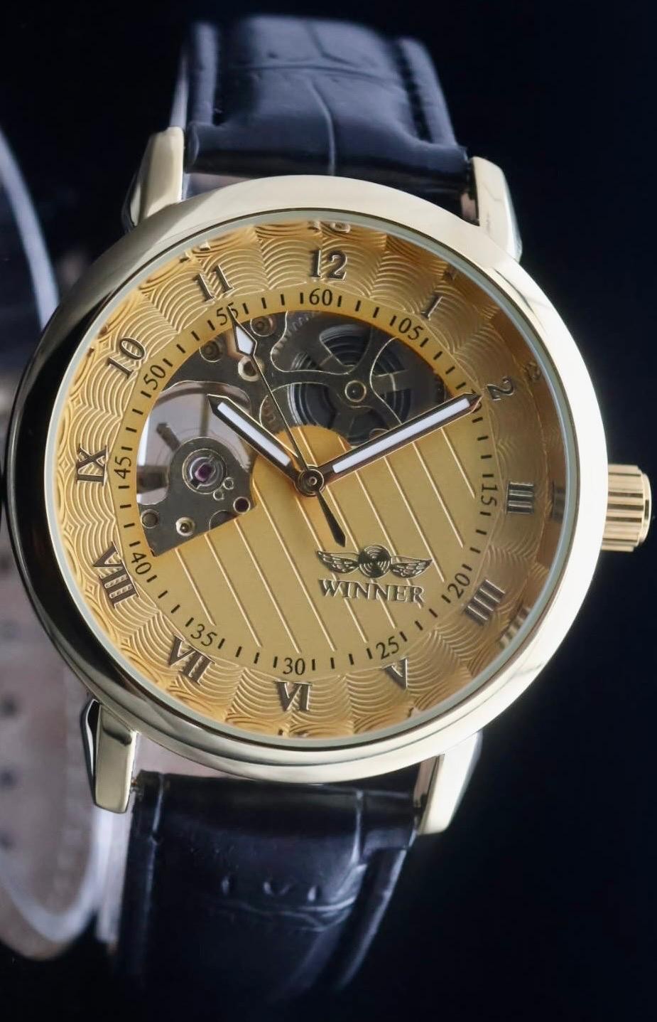 Winner Herren Automatik Uhr Armbanduhr Gold Schwarz Skelettuhr Leuchtzeiger0