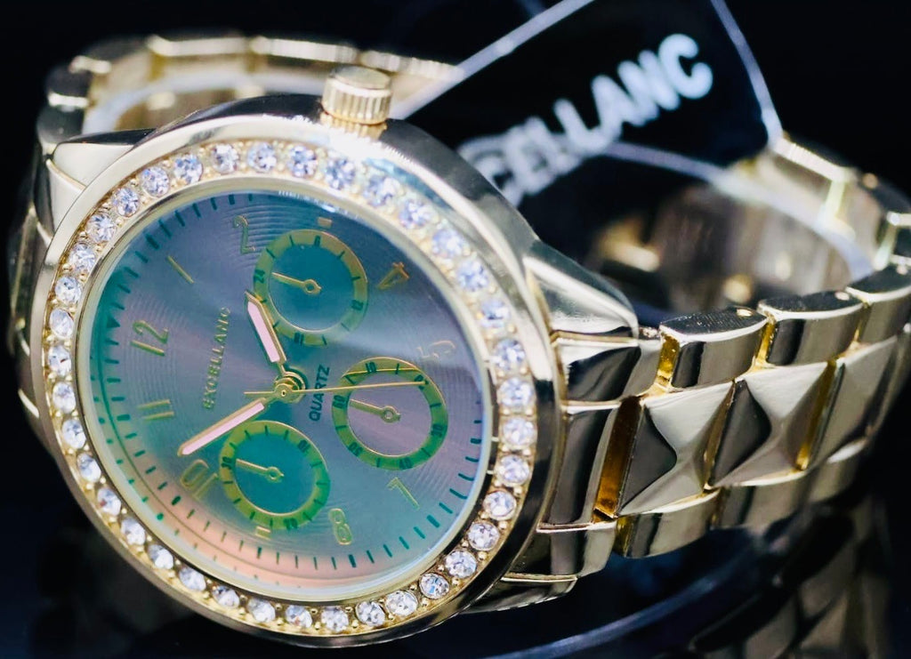 Excellanc Damen Armband Uhr Gold Farben Damenuhr Strass Chrono-Look1