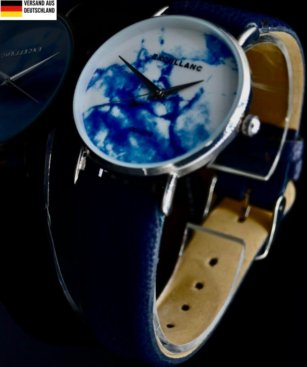 Top Excellanc Damen Frauen Armband Uhr  Weiß Blau Farben Damenuhr Marmor Optik0