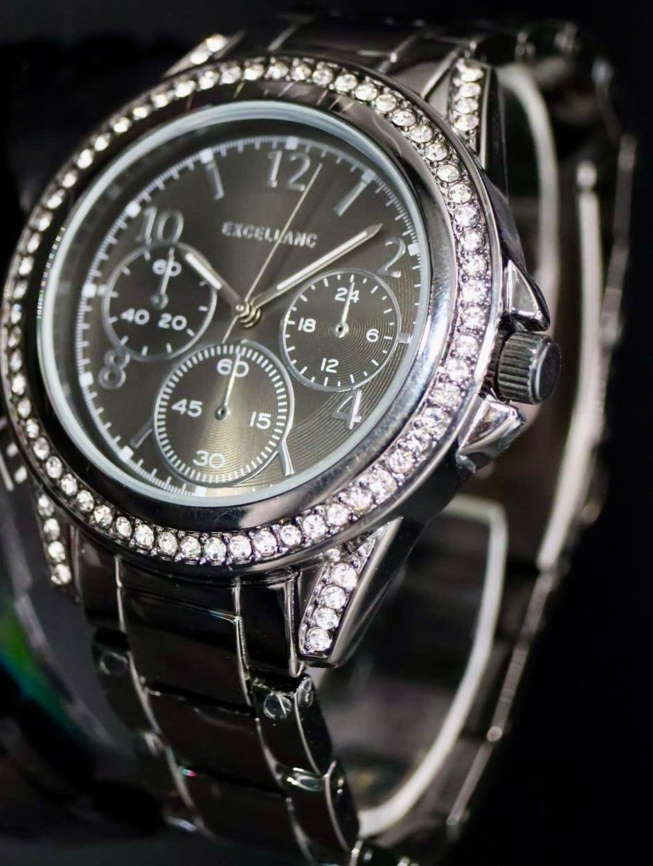 Excellanc Damen Frauen Armband Uhr Schwarz Metall Farben Damenuhr Strass Neu1
