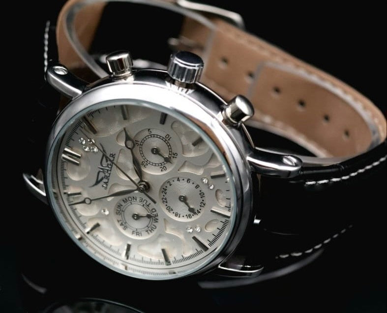 Mega Edle JARAGAR Damen Automatikuhr Damenuhr Weiß Schwarz Farben mit Lederband1