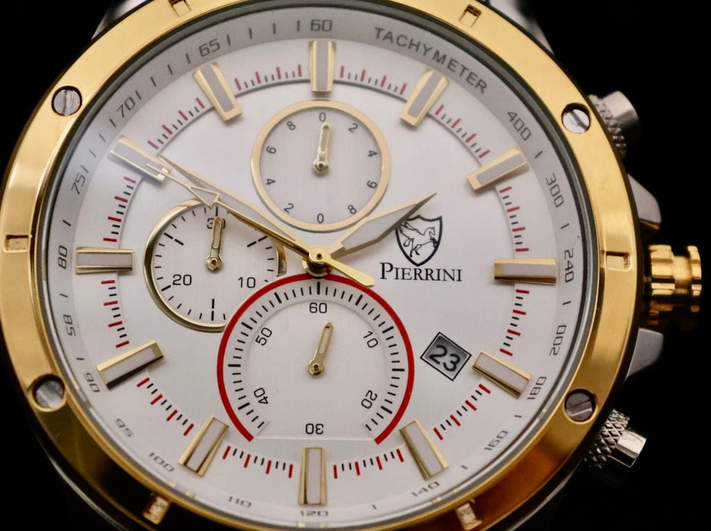 Edle Pierrini Herren Armband Uhr Chronograph Stoppuhr Datum Silber Gold Farben2