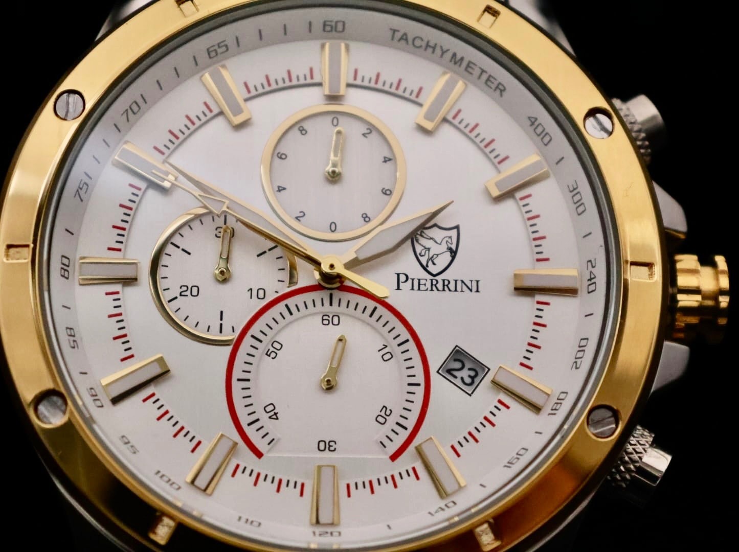 Edle Pierrini Herren Armband Uhr Chronograph Stoppuhr Datum Silber Gold Farben2