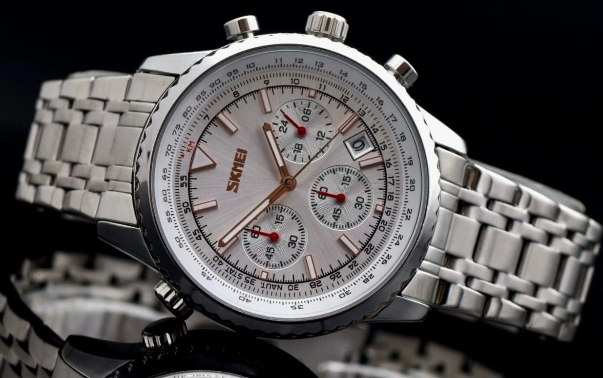 SKM CHRONOGRAPH HERRENUHR EDELSTAHL 44MM DATUMSANZEIGE STOPPFUNKTION NEU0