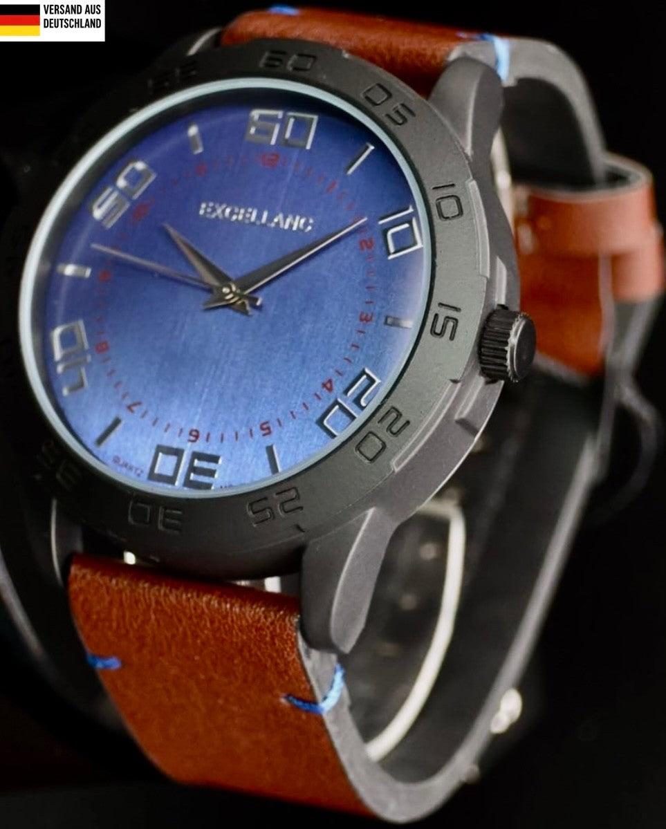 Excellanc Herren Männer Armband Uhr Blau Silber Farben Herrenuhr Mineralglas 010