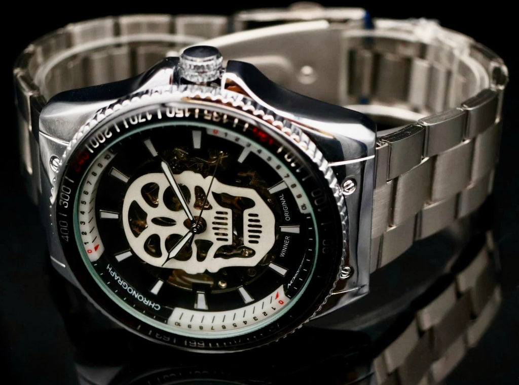 Original Winner Herren Automatik Armbanduhr in Silber Automatikuhr mit Totenkopf1