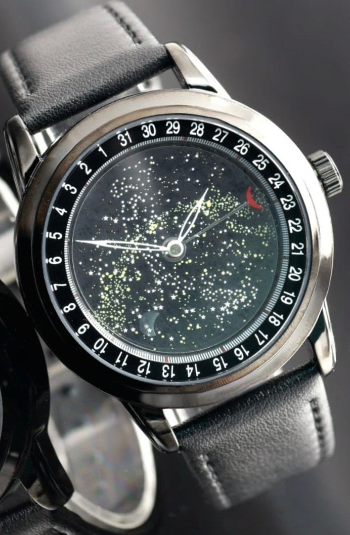 SKM HERRENUHR  - GALAXIE STERNENHIMMEL - ANIMIERT - LEDERARMBAND - DATUM - NEU0