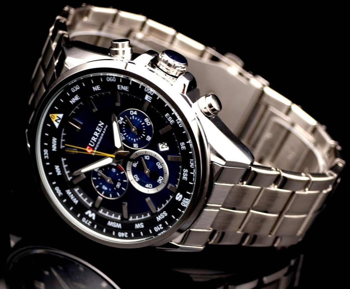 Edle Herren Männer Armband Uhr Chronograph Stoppuhr Datum NEU Blau Silber Farben1