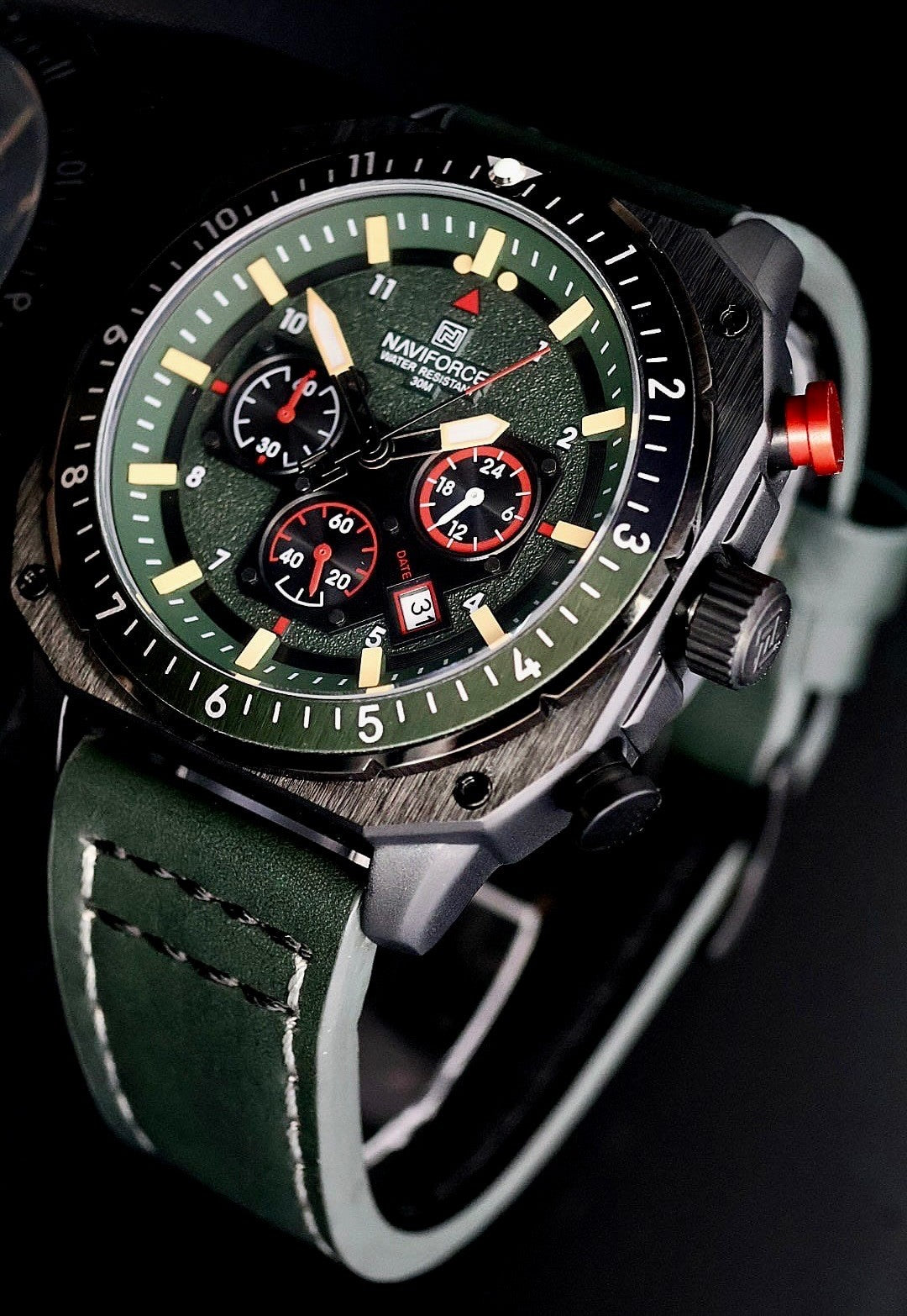 Edle XL Naviforce Herren Männer Armband Uhr Chronograph Stoppuhr Datum Green NEU1