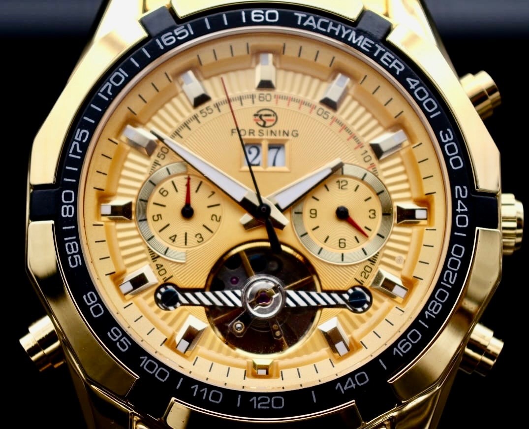 Sportliche Herren Männer Automatik Uhr Gold Farben Kalender & Offene Unruh NEU2