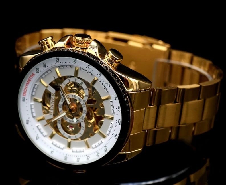 Winner Automatik Herren Uhr - Edelstahl Weiß-Gold Farben Herrenuhr Leuchtzeiger1