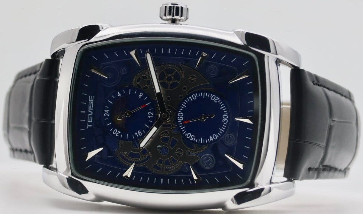 TEVISE - QUARZ - ARMBAND - UHR - LEDER - BLAU - 12H ANZEIGE - LEUCHTZEIGER - NEU1