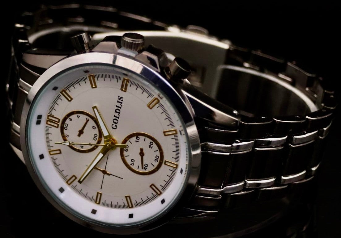 Edle Herren Armband Männer Uhr  Schwarz Silber Farben Chrono Look Bicolor1