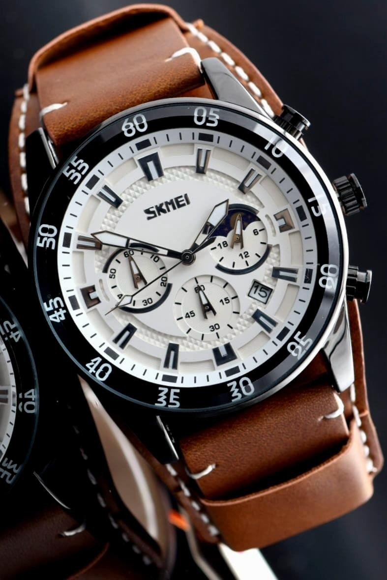 SKM - HERRENUHR - CHRONOGRAPH - DATUM - TAG/NACHT ANZEIGE - LEDER - BRAUN - 46MM0