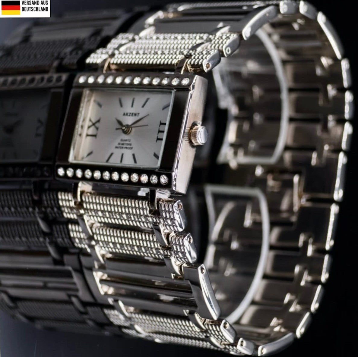 Akzent Damen Frauen Armband Uhr Weiß Silber Farben Elegante Damenuhr Strass0