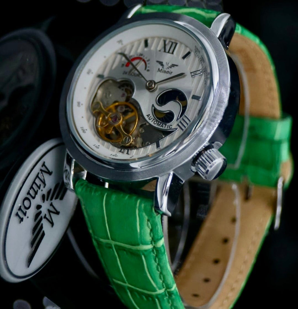 Mega Edle Herren Uhr Automatikuhr Armbanduhr Minoir LUXUS mit offener Unruh Grün0