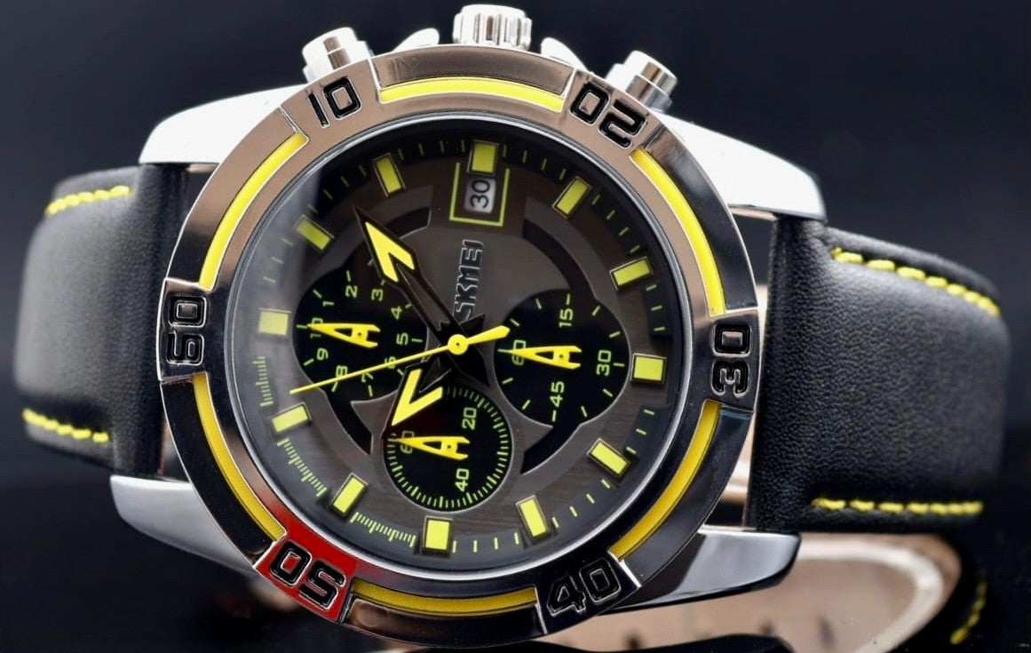 SKM - HERRENUHR - CHRONOGRAPH - SPORT DESIGN - DATUM - LEDER - SCHWARZ - GELB1