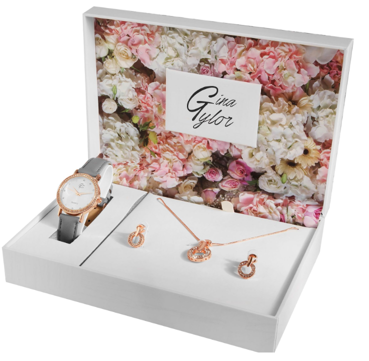 GinaTylor Damen Geschenkset Armbanduhr Halskette und Ohrringe Rosé Grau Farben0