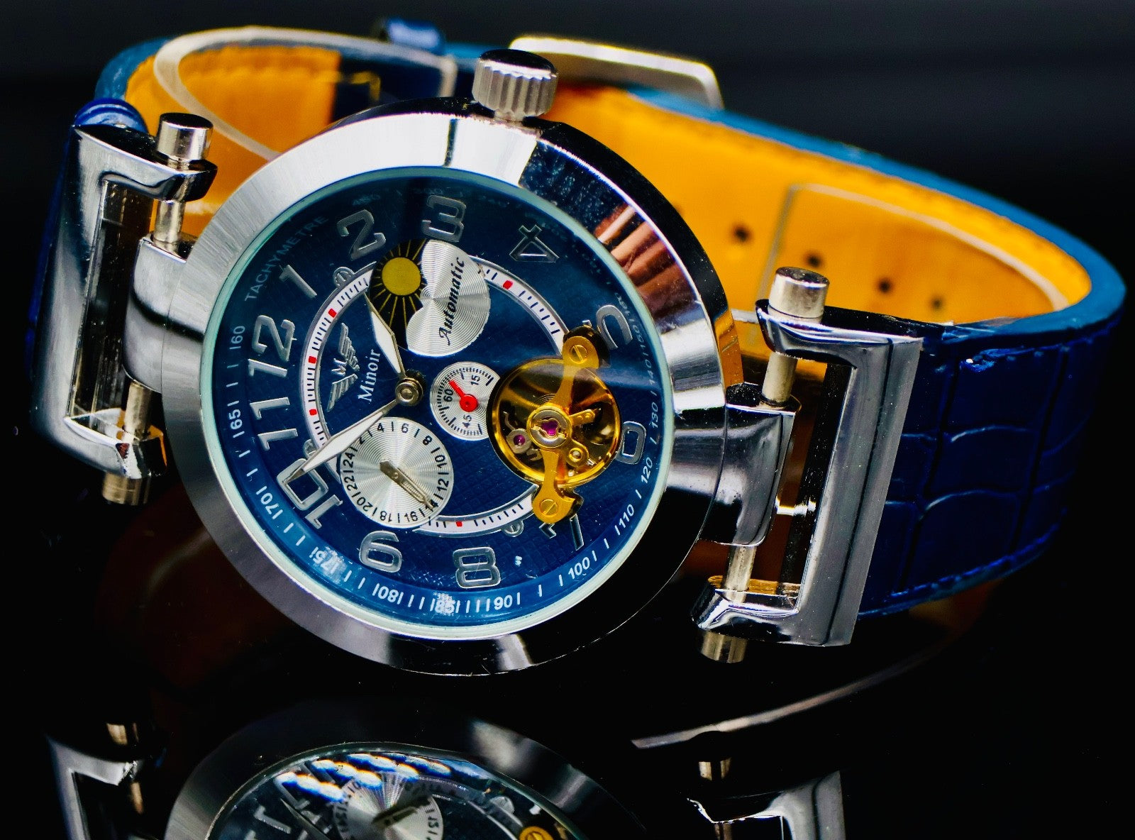 Edle Herren Uhr Automatikuhr Leder Armbanduhr Minoir  Blau Farben offene Unruh1