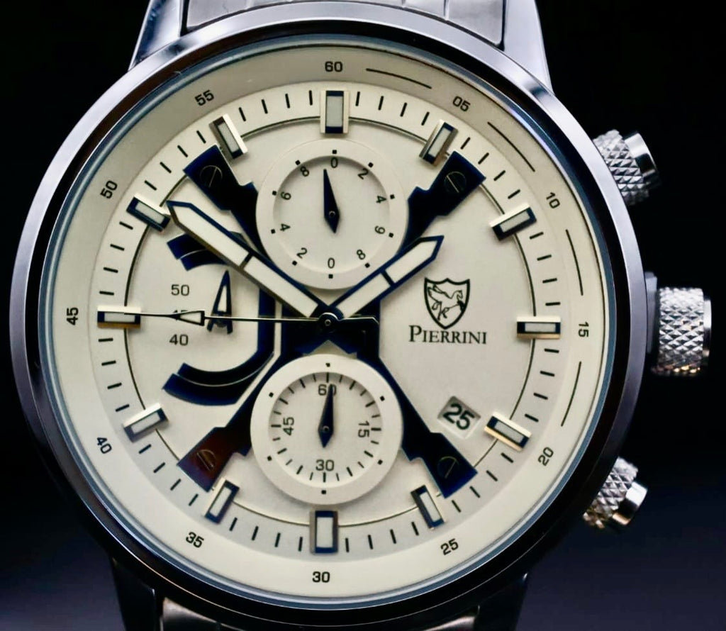 Edle Pierrini Herren Armband Uhr Chronograph Stoppuhr Datum Silber Blau Farben*0