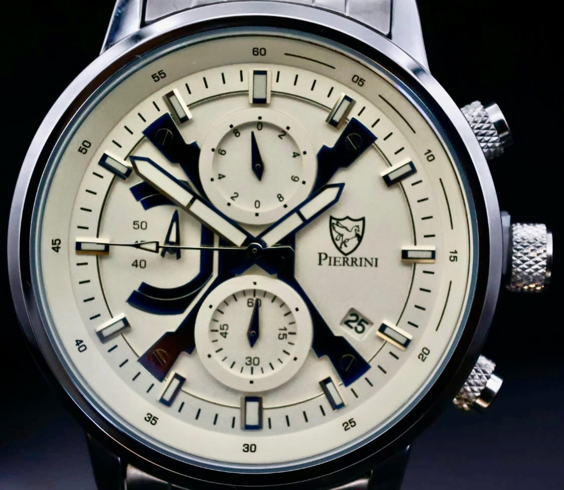 Edle Pierrini Herren Armband Uhr Chronograph Stoppuhr Datum Silber Blau Farben*0