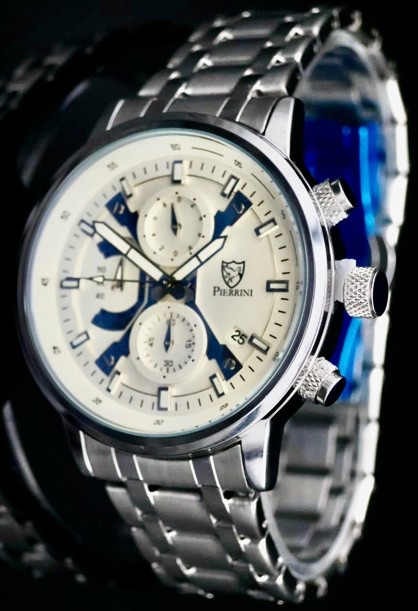 Edle Pierrini Herren Armband Uhr Chronograph Stoppuhr Datum Silber Blau Farben*1